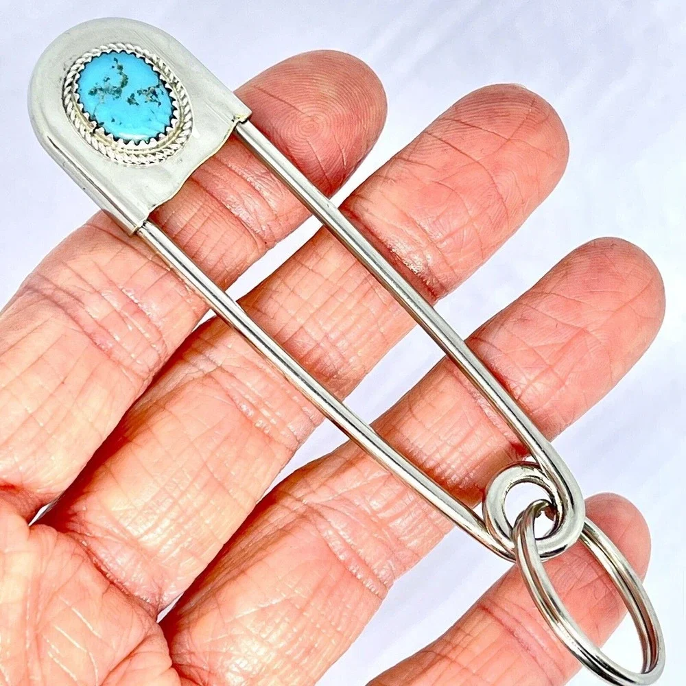 Giant‎ Safety Pin Keyring Turquoise Nugget Key Chain Tag 4in Navajo Mens Gift